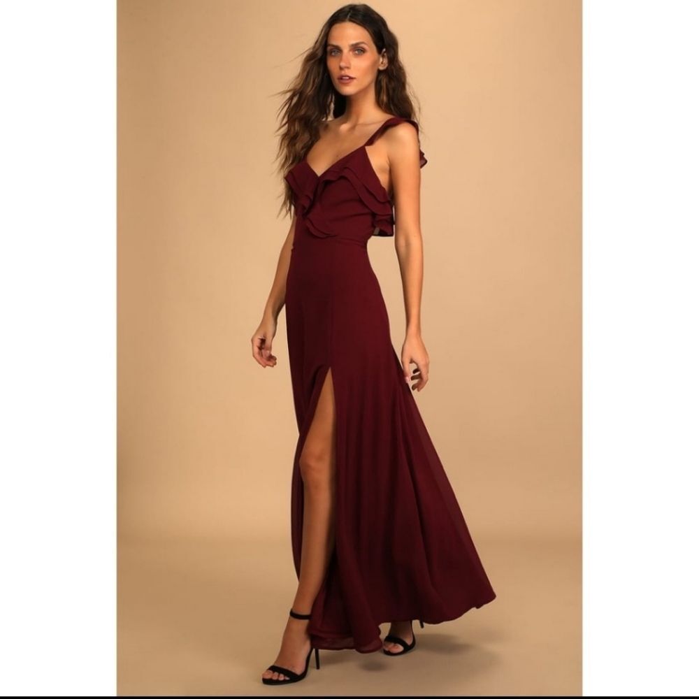 Lulus Dress Adoring Glances Burgundy Ruffled Maxi Dress Size XL